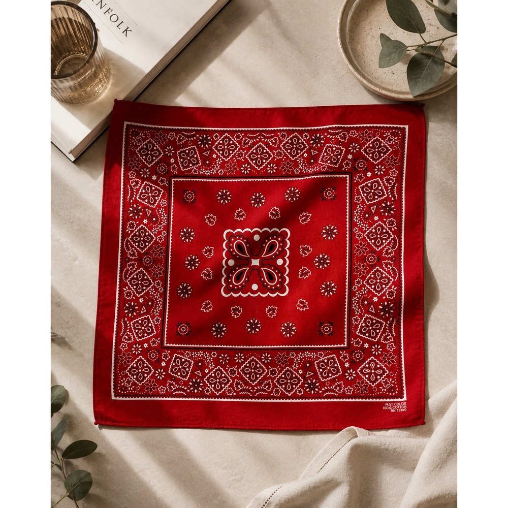 70s Vintage Fast Color Red Cotton Paisley Bandana RN‎ 13960 Square Scarf 21x22